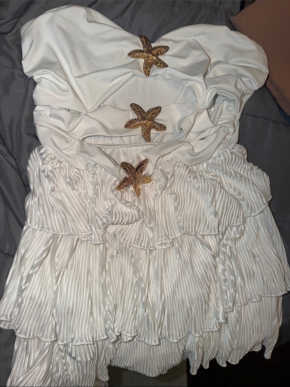 White Ruffled Strapless Top with Gold Starfish Accents